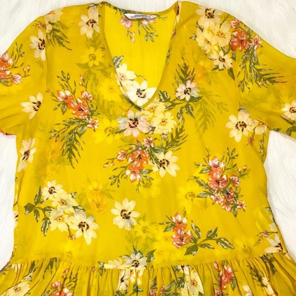 Zara Boho Blouse Oversized Floral Sheer Chiffon Yellow Top V-neck - Picture 4 of 10